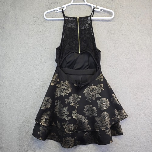 Mi Ami Dress Womens L Black Gold Floral Fit N Flare Keyhole Back Layered Preppy - Picture 2 of 17