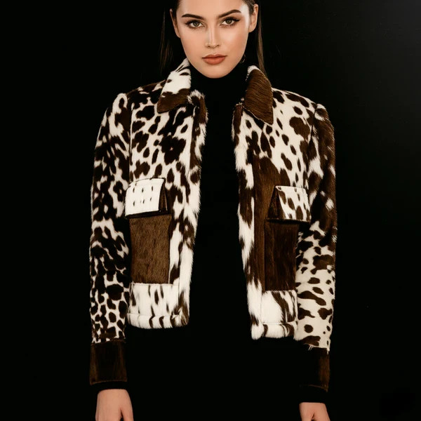 PONY Giacca donna in pelle di mucca con capelli ritagliati vera pelliccia di cavallo design con bottoni davanti