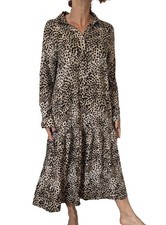 H&M Shirt Dress Brown Animal Print Tiered  Flowy Maxi Boho Prarie  Long Sleeve S