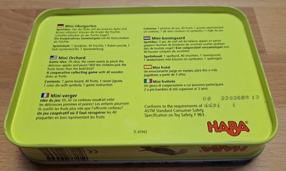 Mini-Obstgarten, Haba No 2539, Spiel in Metallbox, vollständig und top Zustand  - Bild 3 von 4