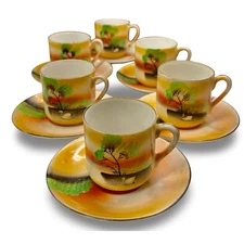 Vintage Japanese Demitasse Cup & Saucer Set 6, Japan Hand Painted Landscape 