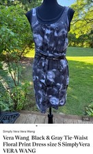 Vera Wang Black & Gray Tie-Waist Floral Print Dress size S Simply
