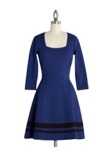 Modcloth Dress Square Neck Fit and Flare Scuba Navy and Black Stripe M Office