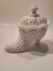 Vtg FENTON HOBNAIL MILK GLASS Boot Shoe  Jewlrey Holder Dish W/ Lid ***see pics