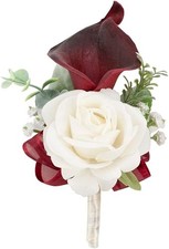 Artificial, 1Pc Single Burgundy Boutonnieres for Men Wedding Prom