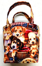 Handmade Fabric Lined Mini Tote Bag/Gift Bag Multicolor Allover Dog Face Print
