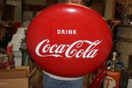 Vintage 1950's Drink Coca Cola Soda Pop 24" Porcelain Metal Curved Button Sign