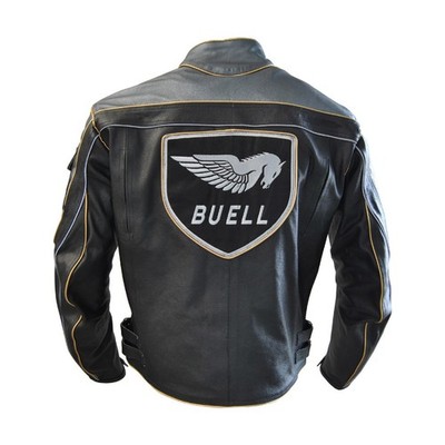 New Men Buell Gray and Black Motorcycle Racing Cowhide Leather Jacket with Logo