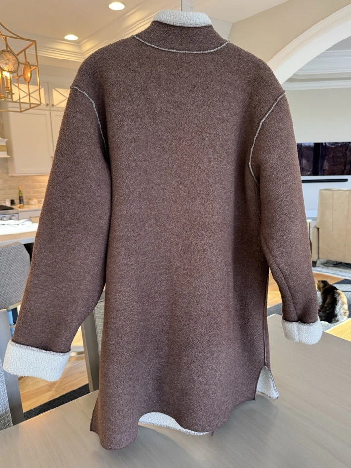 Chaqueta Abrigo Denim & Co Polar Marrón y Crema Cremallera Sherpa Mujer’s Grande De Gran Tamaño Foto 2 de 4