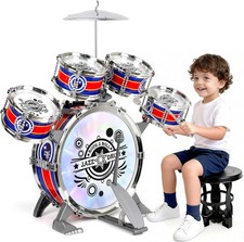 Kids Drum Set for Toddlers 1 3, Light-Up 5pcs Beginner Drum Set with Stool