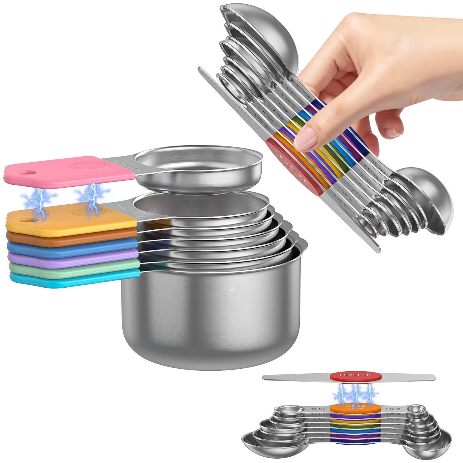 Magnetic Measuring Cups & Spoons Set - 304 Stainless Steel, Dual-Sided, 15-Piece