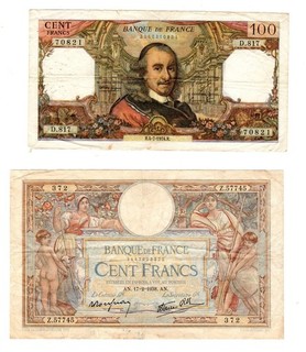 LOT 2 BILLET 100 FRANCS France CORNEILLE 1974 LOM LUC OLIVIER MERSON 1938 TTB/VF