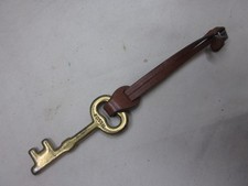 vintage FOSSIL brass skeleton key FOB keychain leather strap purse bag tag charm
