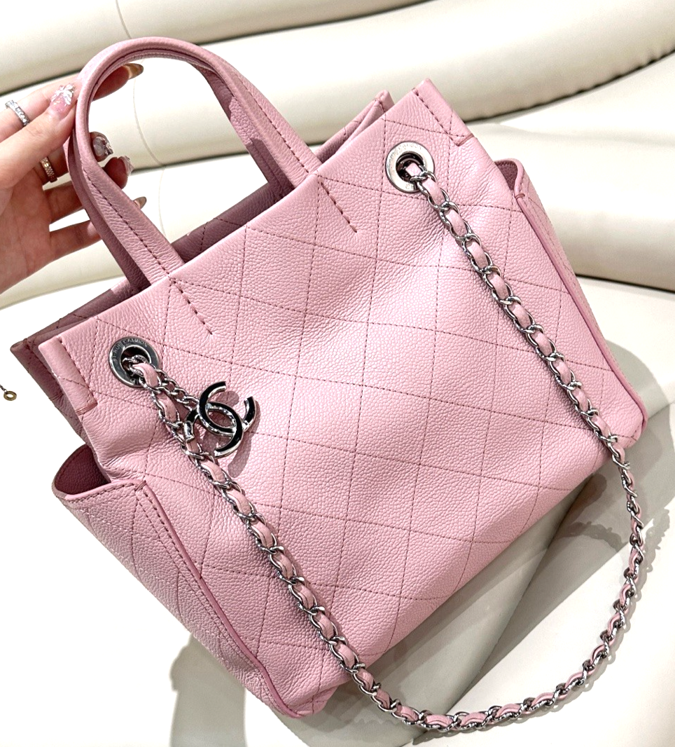 CHANEL Diamond Stitch Calfskin Sakura Pink Tote Bag with Chain Strap for Women