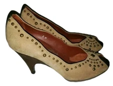 Donald J Pliner Couture Zest Size 8 Tan Peep Toe Leather Heels Brass Studs  