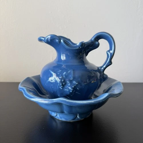 VTG McCoy USA Stoneware Pottery Blue Pitcher and Wash Bowl Basin Set