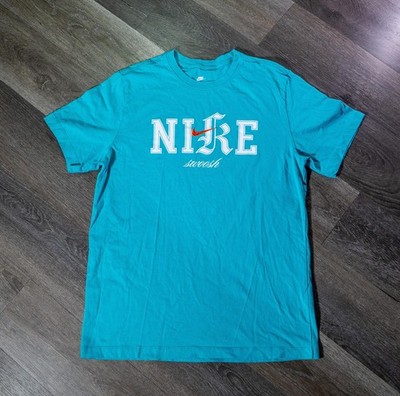 Nike Swoosh Script Shirt Mens Medium Blue Logo Graphic Tee T-Shirt Casual