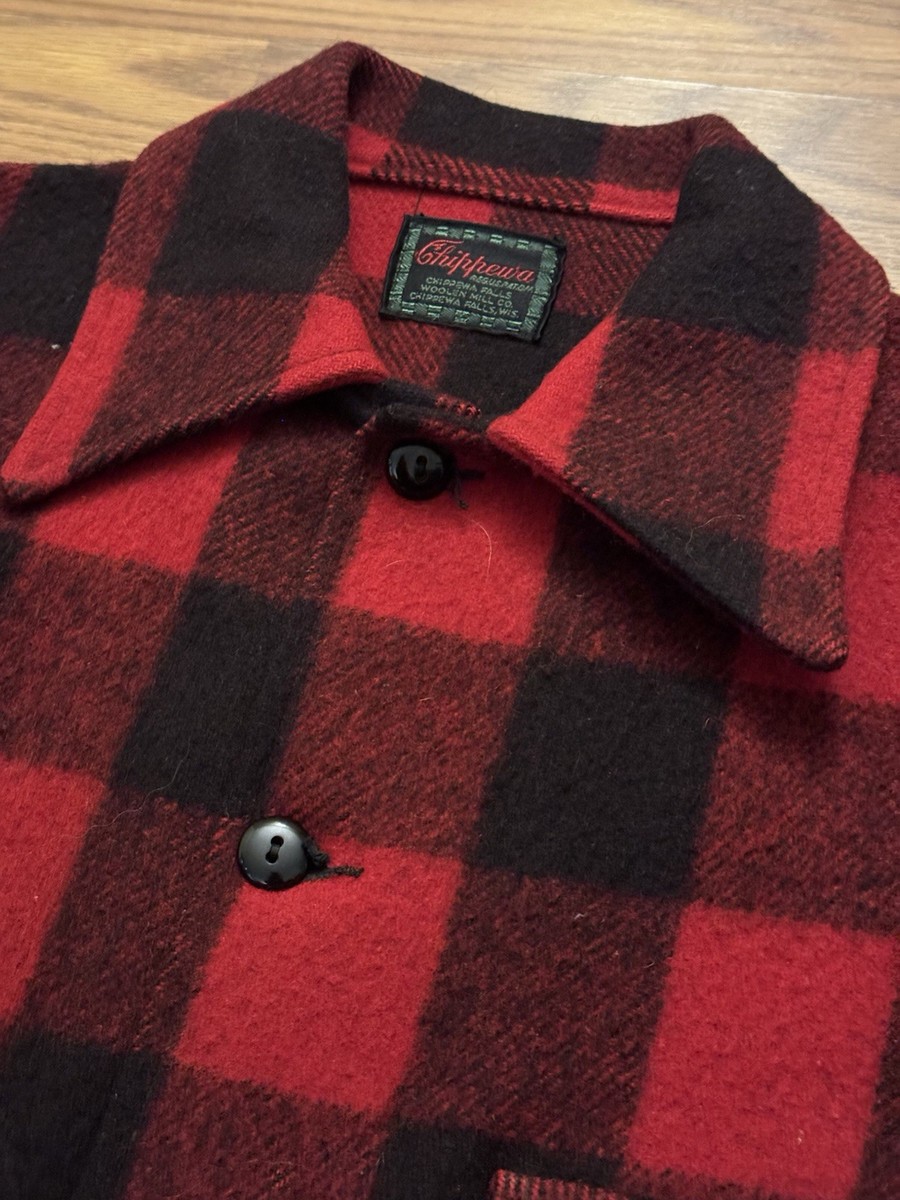 Vtg 50s Chippewa Red Plaid Lumberjack Wool Shirt Jac Men's Small