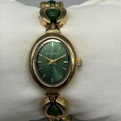 ESIGER Womens Watch 20mm Green Oval Dial Gold Tone Stone Band New Battery 6.25''