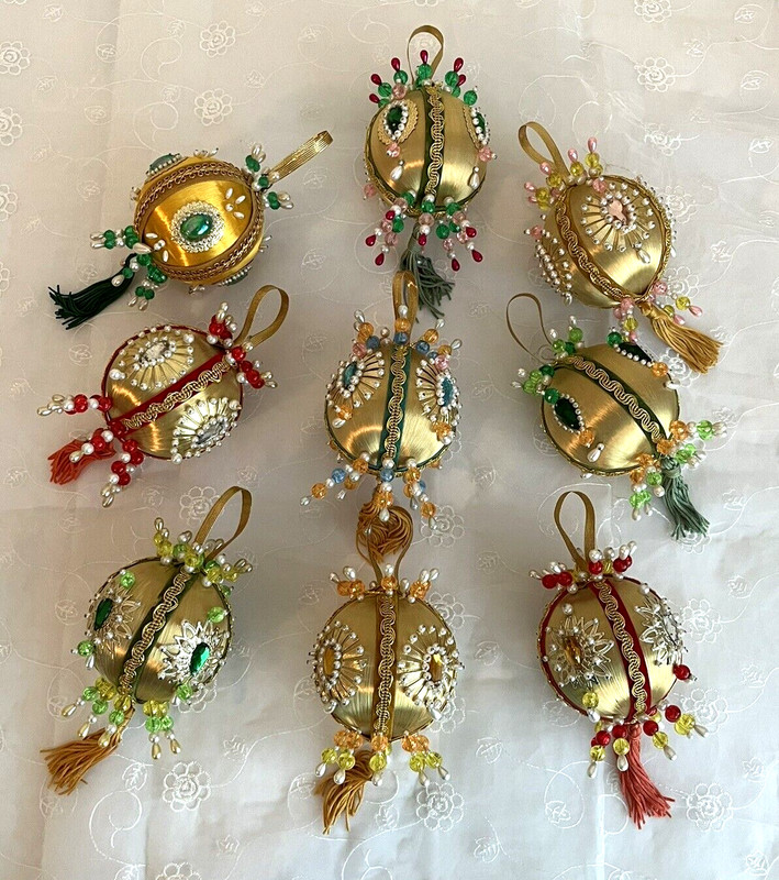 GREAT 1950's HANDCRAFTED PUSH PIN XMAS ORNAMENTS  BEAD PEARL SEQUIN VELVET SATIN