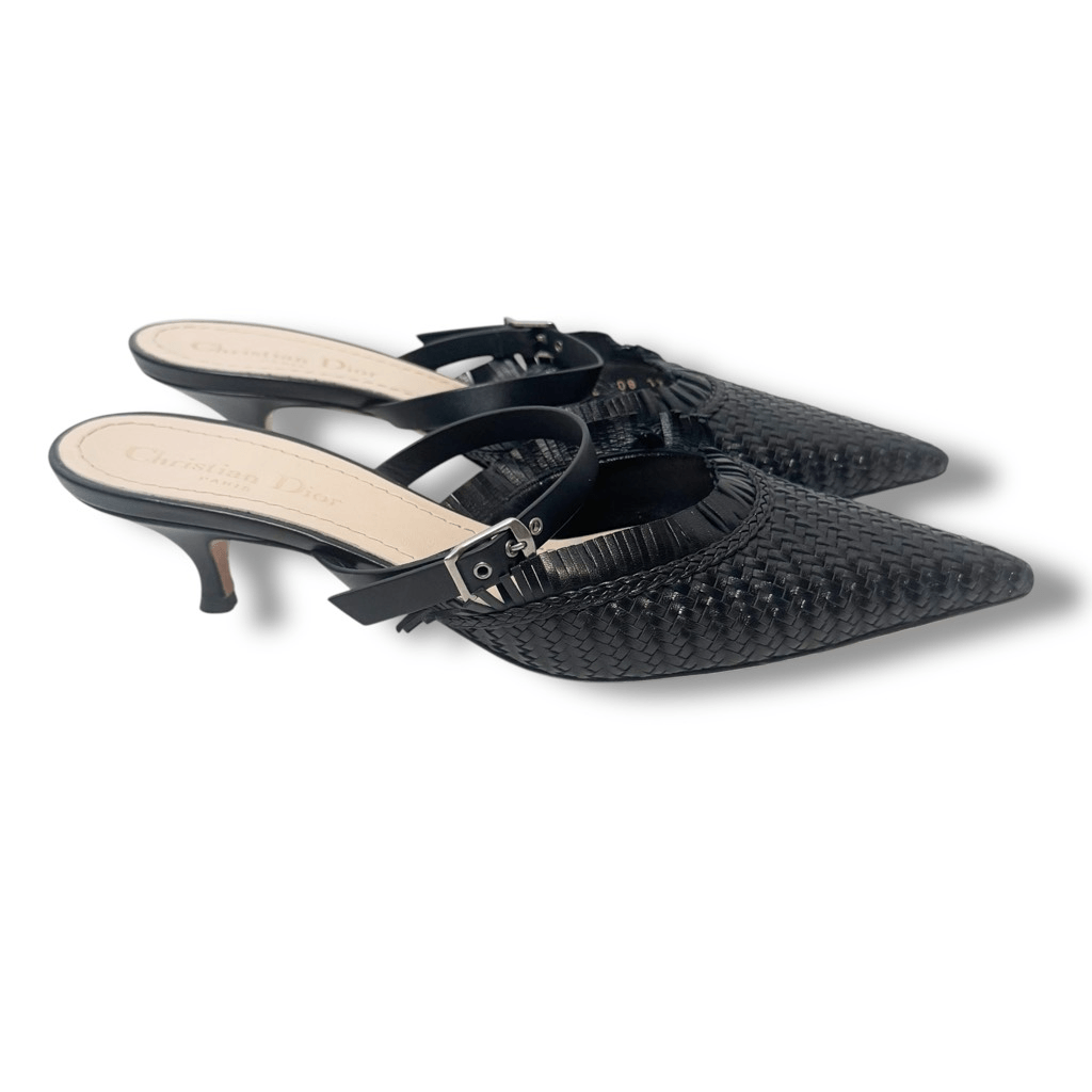 CHRISTIAN DIOR Lambskin Woven Teddy D Mule Sandals Black Kitten