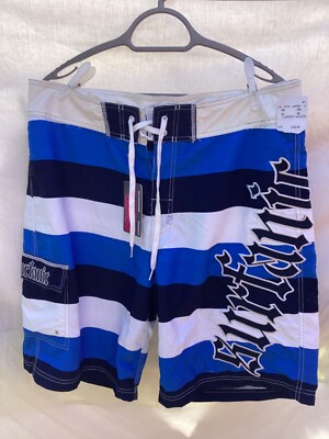 Mens Swimming / Board Shorts in Blue / Navy / White Stripe design by Surfanic