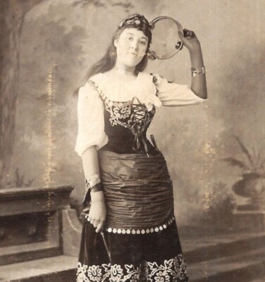 Cabinet Card Photo Woman Unusual Fashion Dress Tambourine Debenham Torquay 