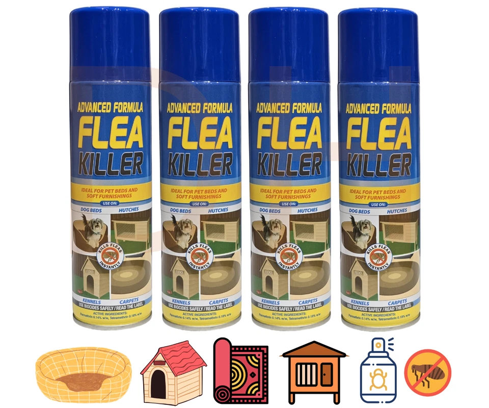 PESTSHIELD 4 x Flea Killer Spray for Home Dog Bed Pet Kennel Carpet Tick Protection 200ml