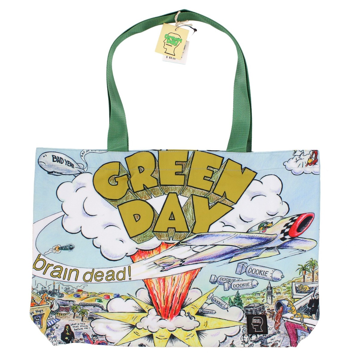 Brain Dead Green Day Tote Bag Dookie Album Graphic Print Pockets