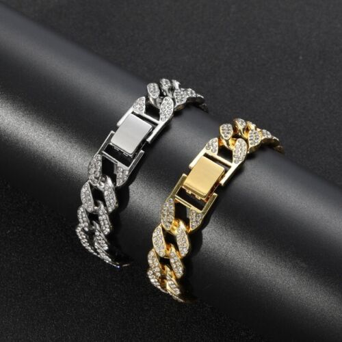Herren 18 Karat Gold Silber Armband Luxus Kubanische Kette Glied Bordstein Diamant Miami Icy - Bild 2 von 8