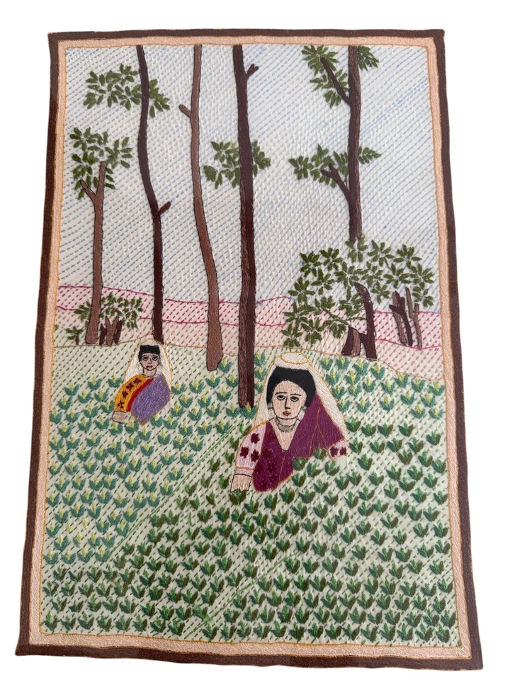 Tapiz de seda bordado muselina 19X14" arte popular bangladesí enmarcado mujeres en el té Foto 4 de 4