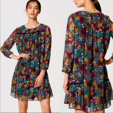Ann Taylor Loft Green Red Yellow Black Floral Long Sleeve Ruffle Dress Small