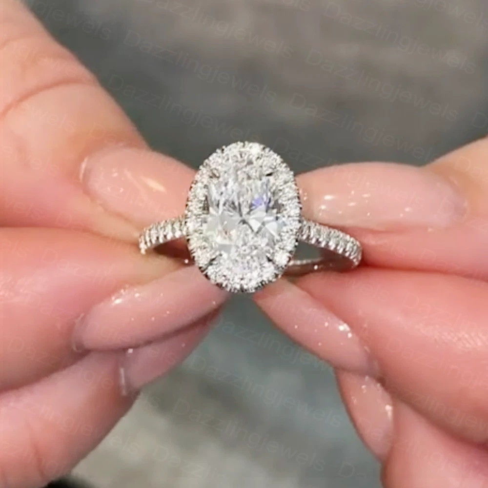 10x7 mm Oval Cut Moissanite Halo Engagement Ring 14k White Gold