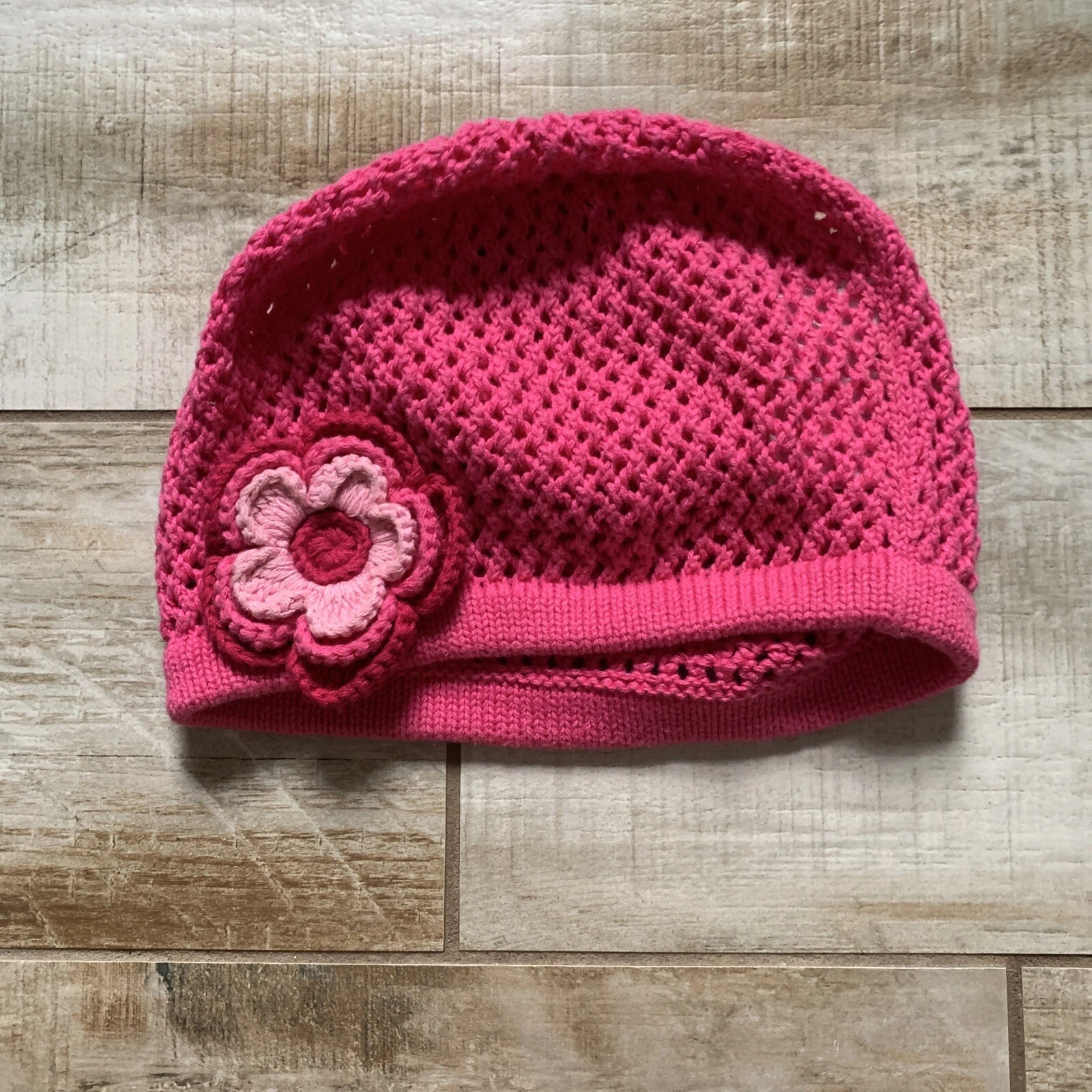 Cute Hanna Andersson Girl Crochet Beanie with Flower Fuchsia Pink Medium