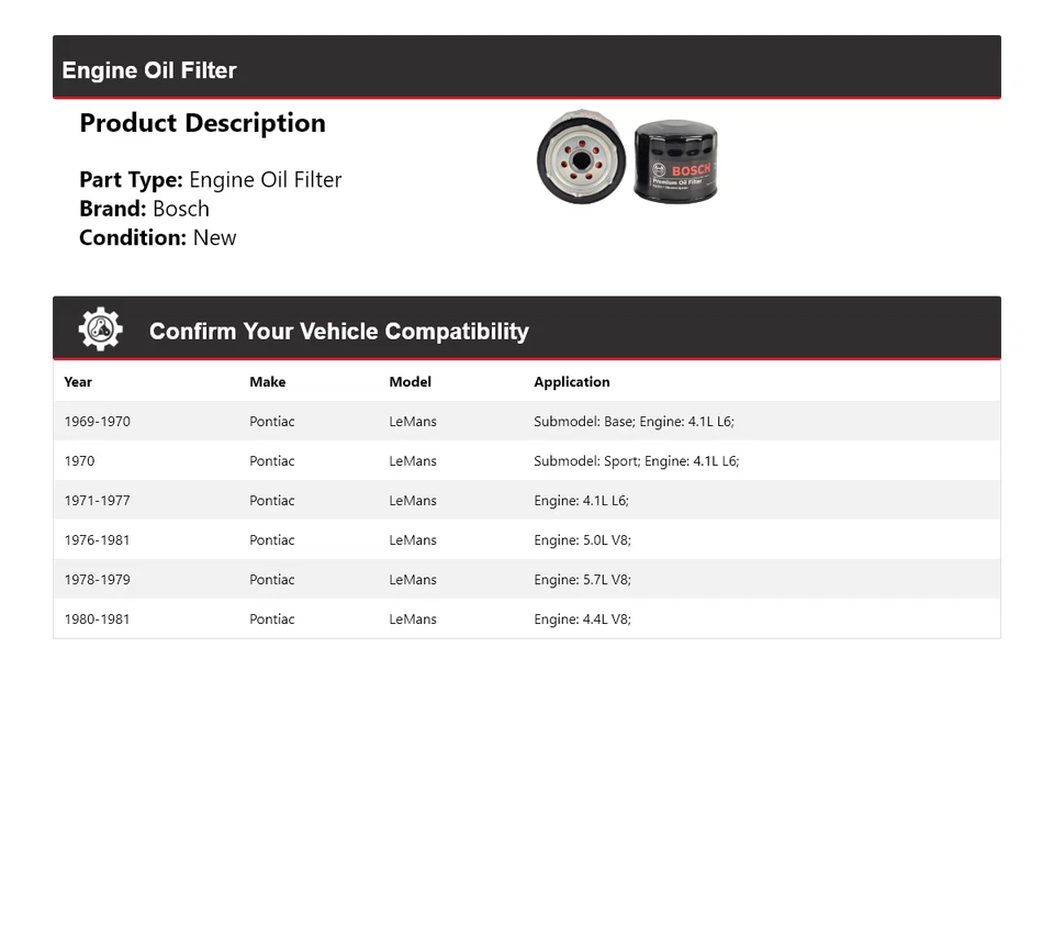 Filtro de aceite premium para Pontiac LeMans Bosch 1969-1981 1970 1971 1972 1973 1974 Foto 2 de 3