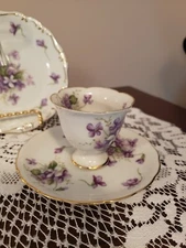 Rossetti Spring Violets Demitasse Cup, Saucer & Lemon Dish Japan Hand Painted