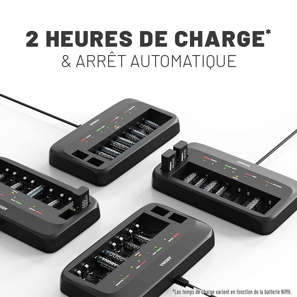 Chargeur de piles rechargeables multi-embouts pour format AA AAA 9V