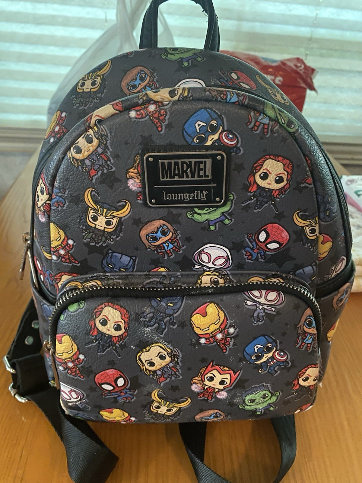 Loungefly Marvel Mini Backpack Black Multicolor All-Over Print Zip, Pockets