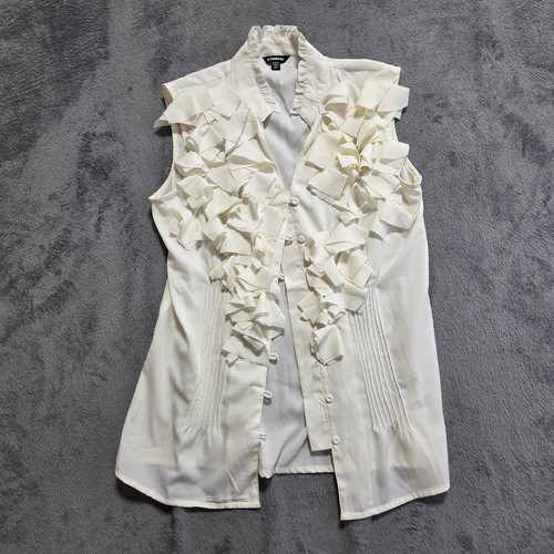 Dimri Cream Sleeveless Blouse Top with Ruffle Front and Pintuck Detailing Size L