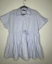 Zara Tiered Cotton Blue Oxford Summer Dress Size Medium