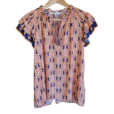 Rose + Olive Blue Pink Medallion Boho Tassel Tie Ruffle Sleeve Blouse Medium
