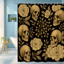 Skull Floral Shower Curtain - Unique Black and Gold Design