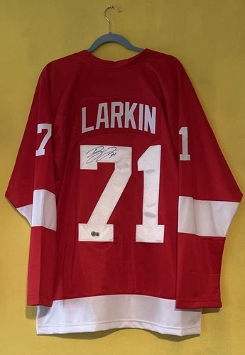 Autographed/Signed Dylan Larkin Detroit Red Hockey Jersey Beckett BAS COA