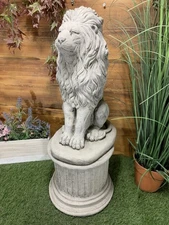 STONE GARDEN LION STATUE ON PLINTH ORNAMENT