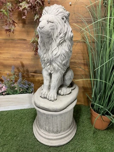 STONE GARDEN LION STATUE ON PLINTH ORNAMENT