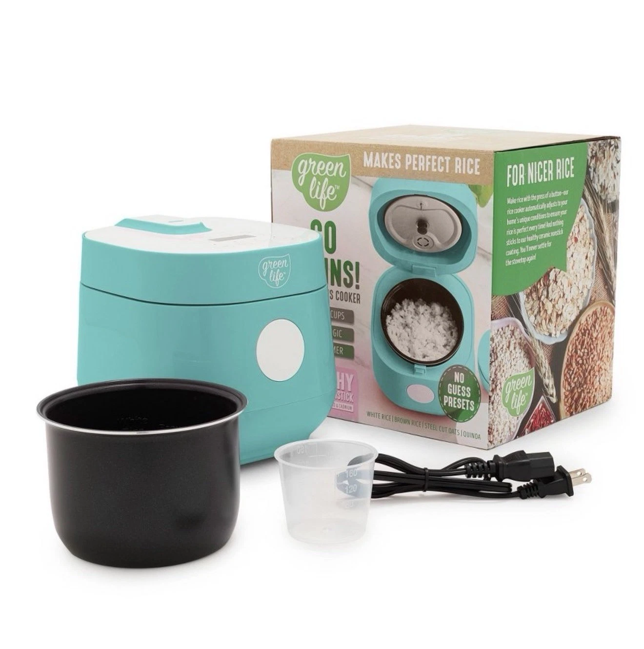 GreenLife Go Grains Rice Cooker 4 Cup PFAS Free Ceramic Nonstick Aqua Teal NEW