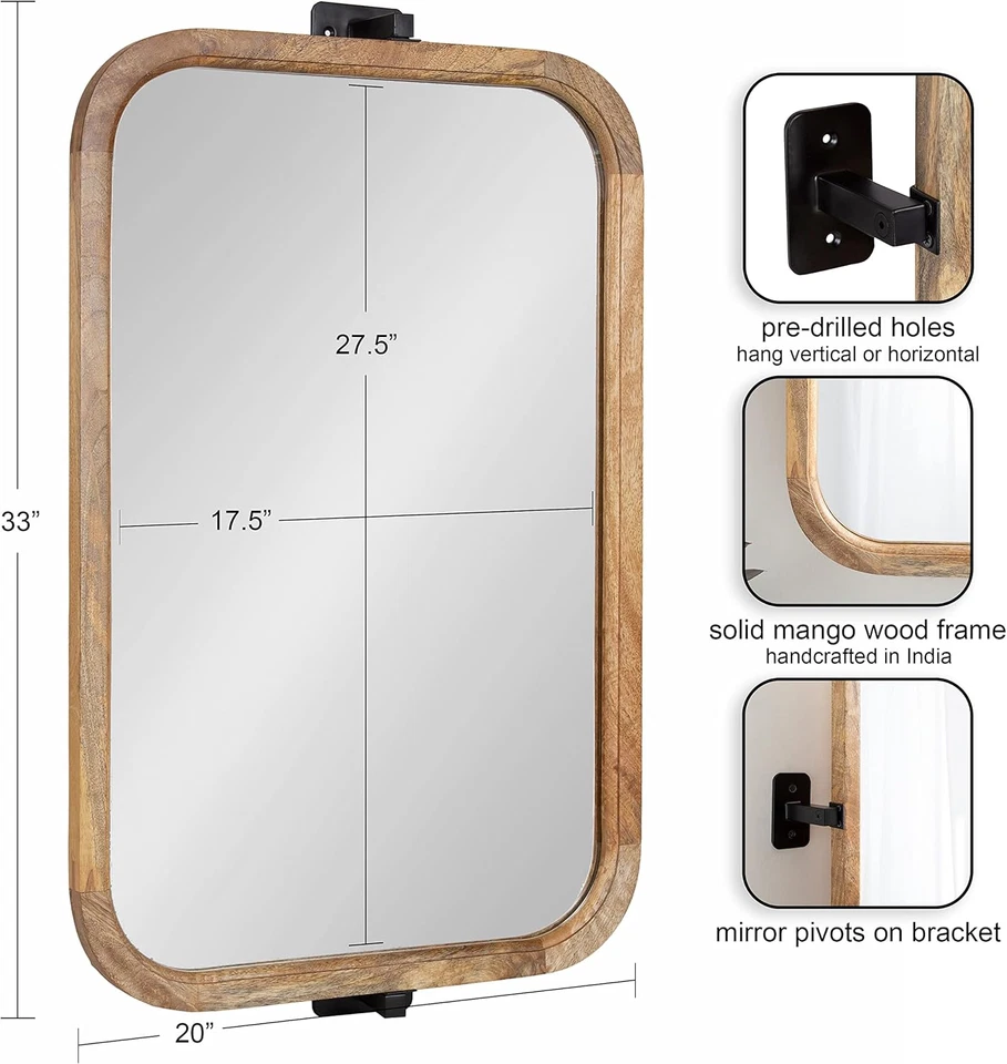 Hogan Wood Rounded Rectangle Pivot Mirror, 20 X 33, Natural Brown Wood, Decorati - Image 2 of 4