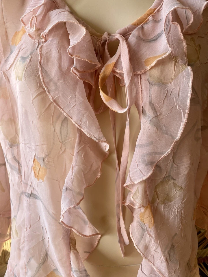 "Dior" Pink Sheer Floral Ruffle Tie Blouse Women's 3/4 Sleeve Size 44 - Image 3 of 4