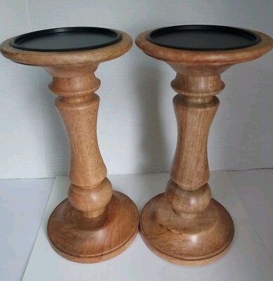Pair (2) of Yankee Candle Lg 12'' Turned Wood Pillar Candle Holders Med Brown