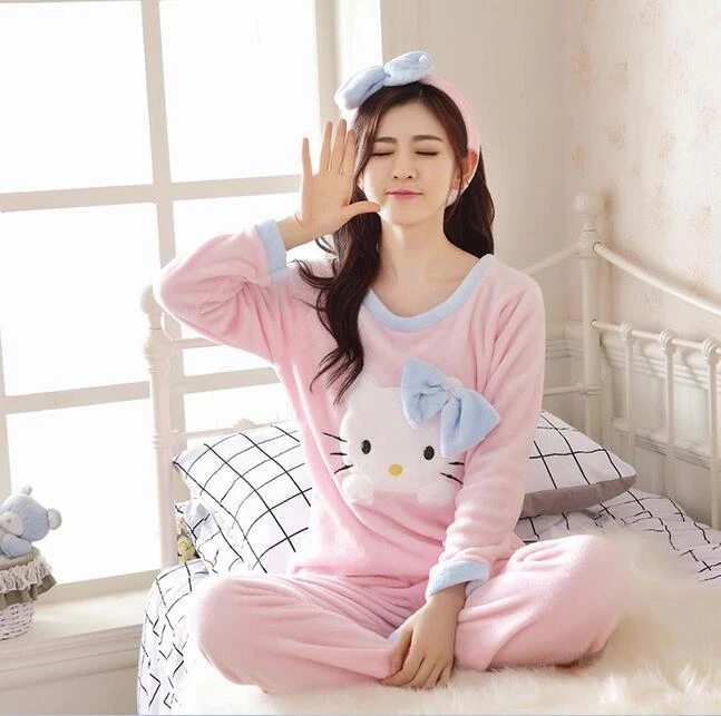 Cute For Hello Kitty Soft Winter Warm Womens Sleepwear Pajamas Set c/w  Hairband